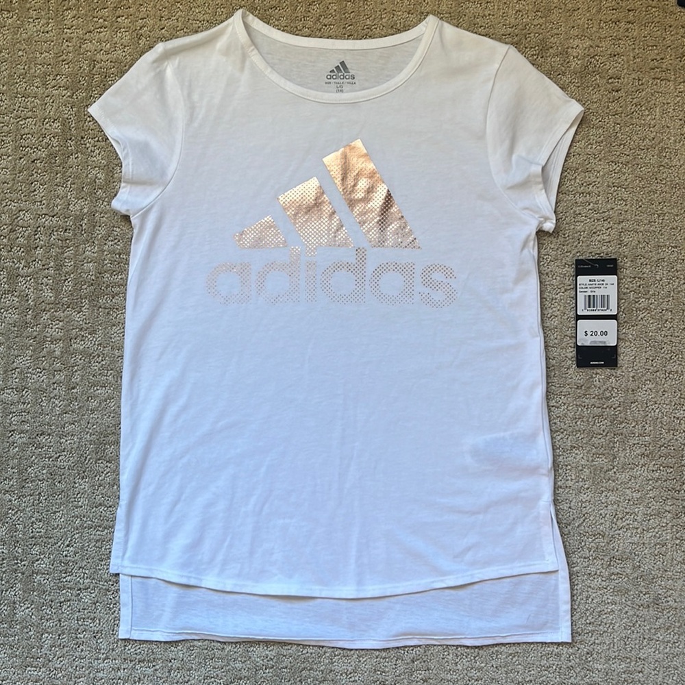 Adidas White Tee with Rose Gold Logo SzL
